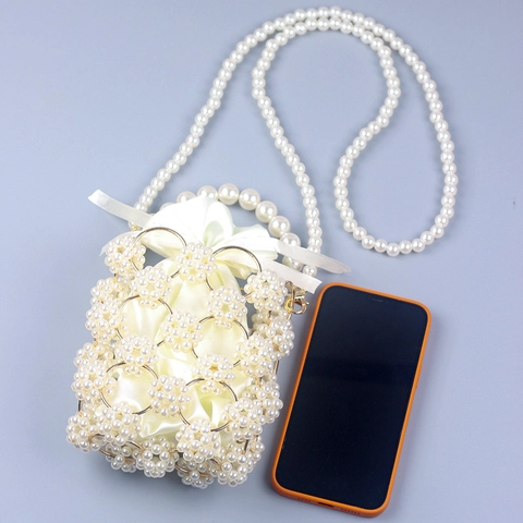 Handgefertigte Künstliche Perlen Handtasche Acryl Künstliche Perle Hohl Eimer Tasche Mit Kordelzug Satin Beutel Für Frauen Abendparty