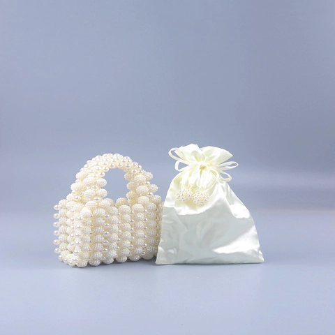 Elegant Artificial Pearl Beaded Handbag Handmade Niche Crossbody Bag With Satin Drawstring Inner Pouch