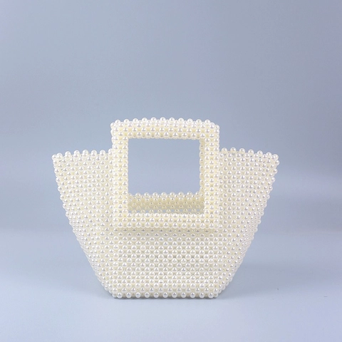 Artificial Pearl Beaded Tote Bag Handmade Woven Faux Artificial Pearl Handbag Elegant Hollow Out Square Bag For Women Vintage Party
