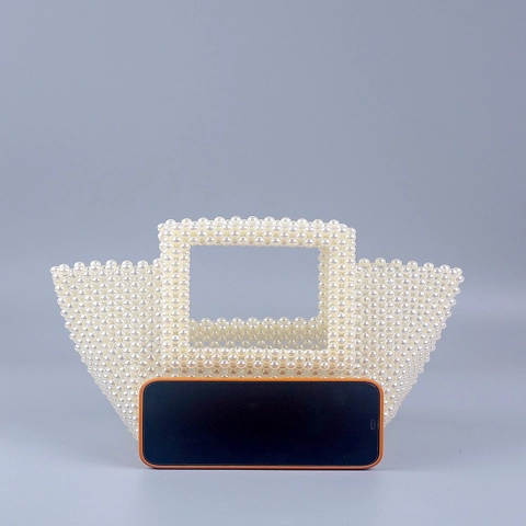 Artificial Pearl Beaded Tote Bag Handmade Woven Faux Artificial Pearl Handbag Elegant Hollow Out Square Bag For Women Vintage Party