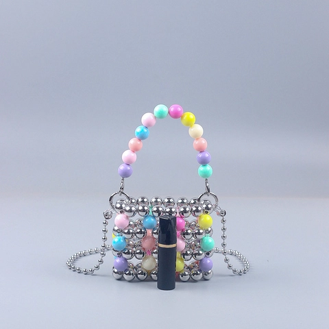 Mini Beaded Handbag Colorful Acrylic Hollow Out Crossbody Bag Silver Chain Strap Retro Street Trend For Women