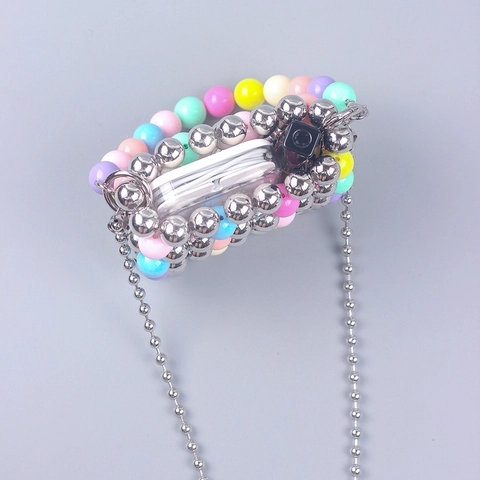 Handmade Beaded Mini Handbag Acrylic Multi Color Hollow Crossbody Bag Macaron Beads Silver Metallic Beads Small Tote