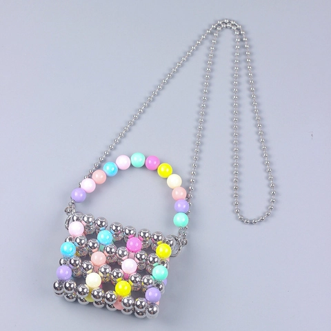 Handmade Beaded Mini Handbag Acrylic Multi Color Hollow Crossbody Bag Macaron Beads Silver Metallic Beads Small Tote