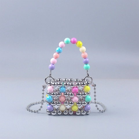 Mini Beaded Handbag Colorful Acrylic Hollow Out Crossbody Bag Silver Chain Strap Retro Street Trend For Women
