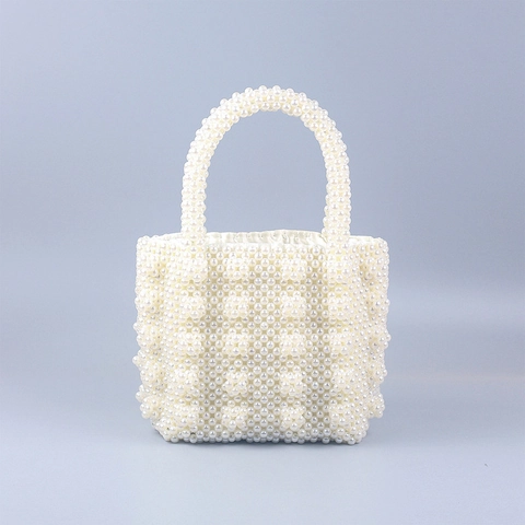 Handmade Woven Artificial Pearl Handbag Elegant Beaded Tote Bag With Satin Lining For Wedding Party French Style Women
