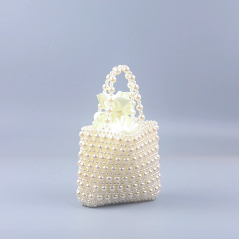 Handmade Beaded Imitation Artificial Pearl Woven Handbag With Drawstring Inner Pouch Elegant Hollow Out Wedding Party Bag For Women