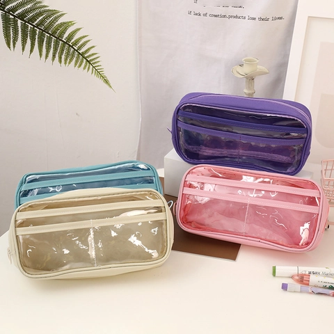 Large Capacity Pencil Case Oxford Cloth PVC Transparent Window Double Layer Stationery Storage Pouch For Students Kawaii
