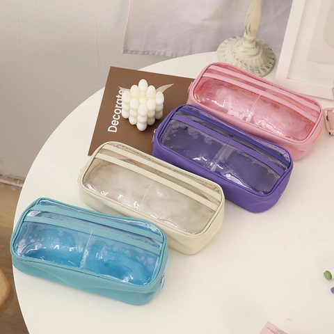 Large Capacity Pencil Case Oxford Cloth PVC Transparent Window Double Layer Stationery Storage Pouch For Students Kawaii