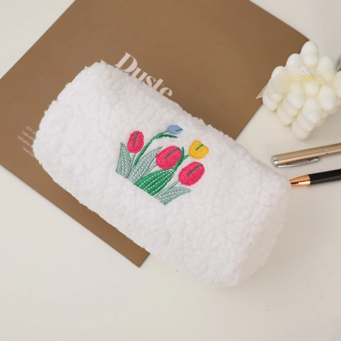 Simpatico Astuccio Per Matite In Pile Sherpa Borsa Per Cosmetici In Peluche Con Ricamo Di Tulipani Cerniera Organizzatore Di Cancelleria Portatile Per Studenti