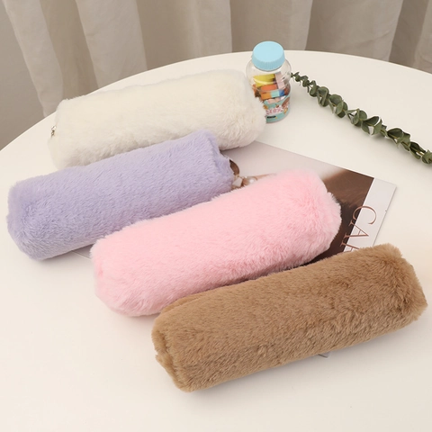 Cute Plush Pencil Case Large Capacity Faux Fur Cylindrical Pen Bag For School Girls Office Students Stationery Storage Box