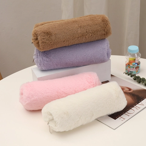 Cute Plush Pencil Case Large Capacity Faux Fur Cylindrical Pen Bag For School Girls Office Students Stationery Storage Box