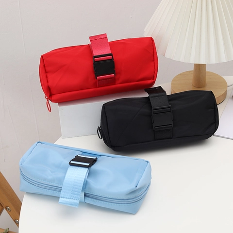 Minimalist High Capacity Pencil Case Nylon Fabric Large Stationery Pouch With Buckle Strap Portable Zipper Stationery Bag