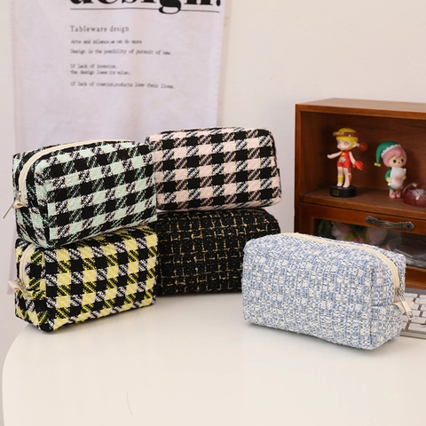 Tweed Etui Make-uptas Schaakbord Ruit Hartborduursel Grote Capaciteit Reizen Opslag Ritszakje Voor Dames