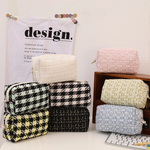 Tweed Etui Make-uptas Schaakbord Ruit Hartborduursel Grote Capaciteit Reizen Opslag Ritszakje Voor Dames