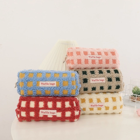 Wafel Geruit Pluche Penningzak Lamswol Briefpapier Opbergtas Zachte Ritszak Japanse Ins Stijl Voor Studenten