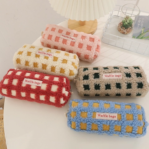 Wafel Geruit Pluche Penningzak Lamswol Briefpapier Opbergtas Zachte Ritszak Japanse Ins Stijl Voor Studenten