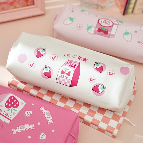 Strawberry Pattern PU Leather Pencil Case Kawaii Large Capacity Stationery Bag For Girls Students Zipper Closure