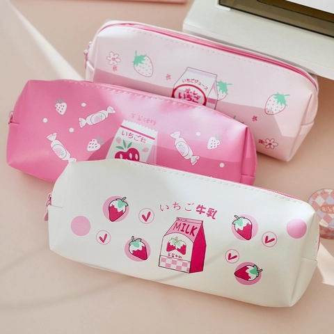 Strawberry Pattern PU Leather Pencil Case Kawaii Large Capacity Stationery Bag For Girls Students Zipper Closure