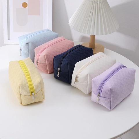 Large Capacity Checkerboard Pattern Plush Pencil Case Zippered Stationery Organizer For Students Ins Style