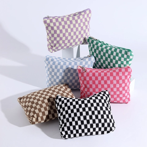 Large Capacity Knitted Checkerboard Pencil Case Portable Makeup Bag Students Stationery Organizer Travel Toiletry Pouch