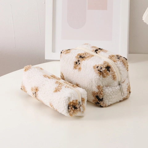 Schattige Beer Pluche Etui En Make-up Tas Draagbare Zachte Sherpa Opbergtas Voor School Kantoor Reizen