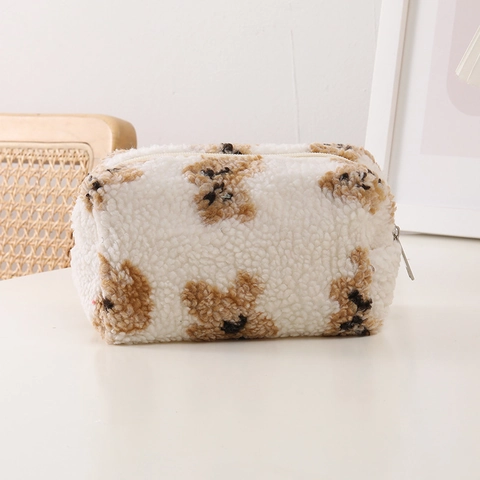 Schattige Beer Pluche Etui En Make-up Tas Draagbare Zachte Sherpa Opbergtas Voor School Kantoor Reizen