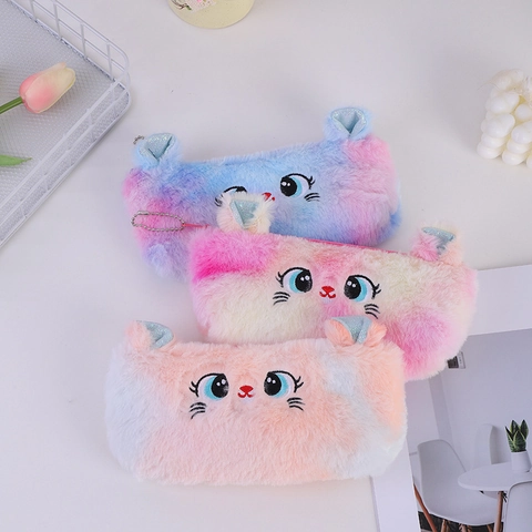 Cute Cat Plush Pencil Case Gradient Colors Large Capacity Cartoon Stationery Pouch For Students Girls Zipper Closure