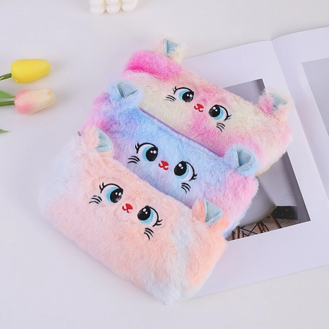 Cute Cat Plush Pencil Case Gradient Colors Large Capacity Cartoon Stationery Pouch For Students Girls Zipper Closure
