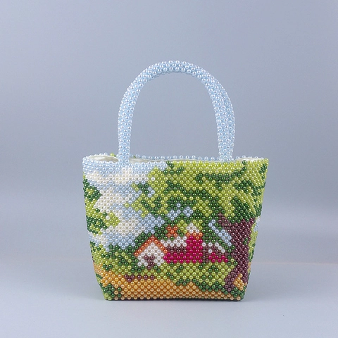 Handmade Beaded Handbag Acrylic Pastoral Landscape Forest Pattern Retro Bohemian Tote Purse Vintage Accessory For Women