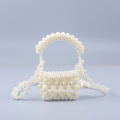 Handmade Beaded Faux Artificial Pearl Mini Handbag Elegant French Baroque Style Woven Top Handle Crossbody Bag For Women