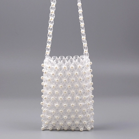Women Acrylic Beaded Crossbody Phone Bag Hand Woven Imitation Artificial Pearl Transparent Mini Shoulder Bag Party Accessory