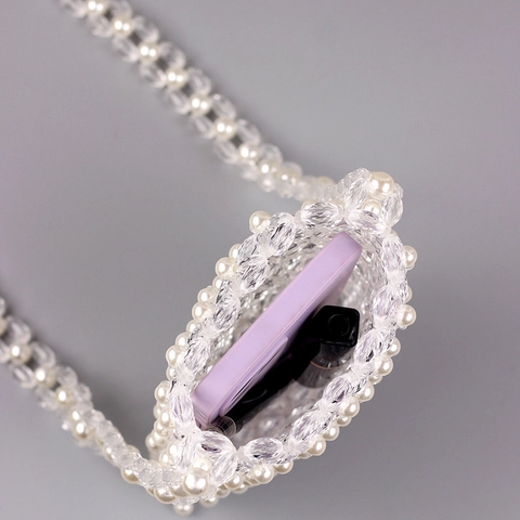 Women Acrylic Beaded Crossbody Phone Bag Hand Woven Imitation Artificial Pearl Transparent Mini Shoulder Bag Party Accessory