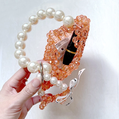 Heart Shaped Beaded Handbag Acrylic Transparent Crystal Beads Faux Artificial Pearl Handle Ribbon Bow Handmade Party Banquet For Women