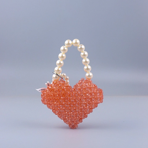 Heart Shaped Handmade Beaded Handbag Acrylic Woven Sweet Evening Purse For Women With Faux Artificial Pearl Handle Elegant Accessory
