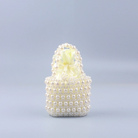 Artificial Pearl Beaded Handbag Handmade Woven Hollow Out Mini Bucket Bag With Drawstring Satin Lining Retro Party Wedding Women