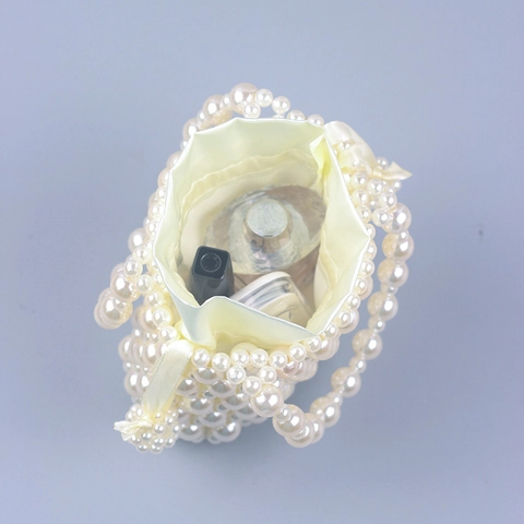 Artificial Pearl Beaded Handbag Handmade Woven Hollow Out Mini Bucket Bag With Drawstring Satin Lining Retro Party Wedding Women