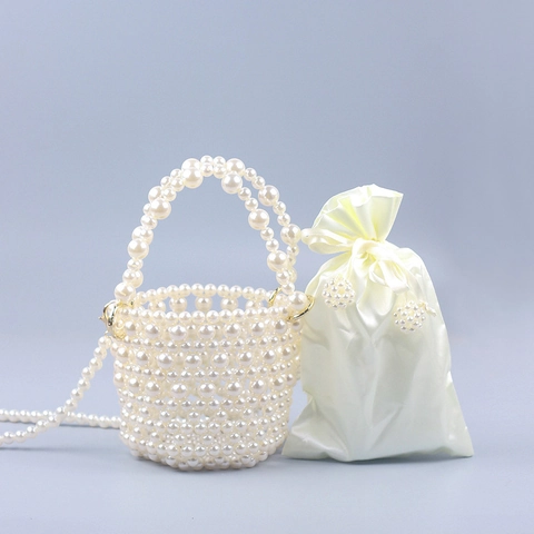 Künstliche Perlen Handtasche Damen Elegant Handgewebt Durchbrochen Eimer Tasche Mit Satin Innentasche Und Umhängekette