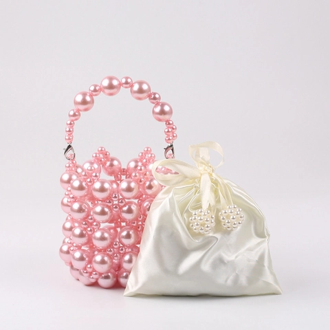 Pink Imitation Artificial Pearl Handbag Handmade Beaded Bucket Mini Bag With Satin Drawstring Inner Pouch Elegant Evening Tote