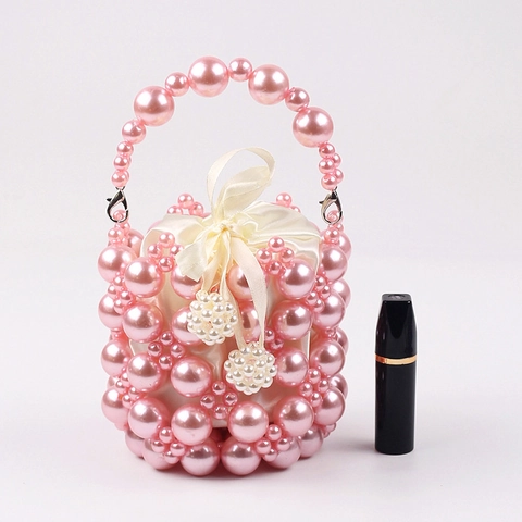 Pink Imitation Artificial Pearl Handbag Handmade Beaded Bucket Mini Bag With Satin Drawstring Inner Pouch Elegant Evening Tote