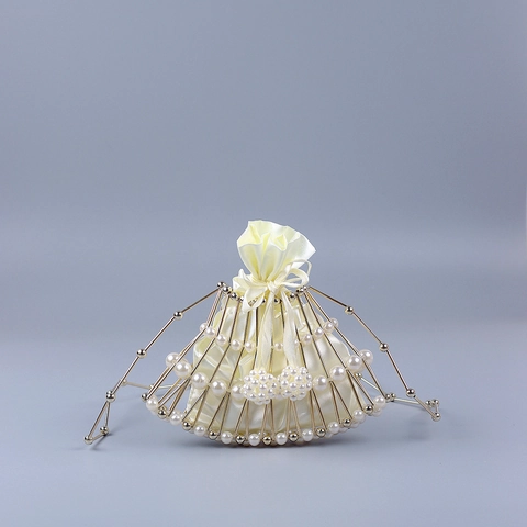 Women Fan Shaped Artificial Pearl Crossbody Bag Hollow Metal Frame With Satin Drawstring Inner Pouch Elegant Evening Handbag