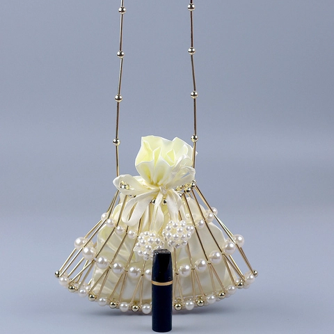 Women Fan Shaped Artificial Pearl Crossbody Bag Hollow Metal Frame With Satin Drawstring Inner Pouch Elegant Evening Handbag