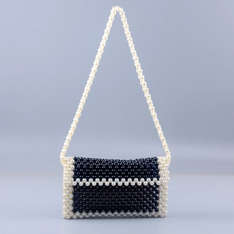 Bolso Bandolera De Cuentas Hecho A Mano Acrílico Perla Artificial Tejido Sobre Bolso De Hombro Color Contraste Vintage Elegante Mujer