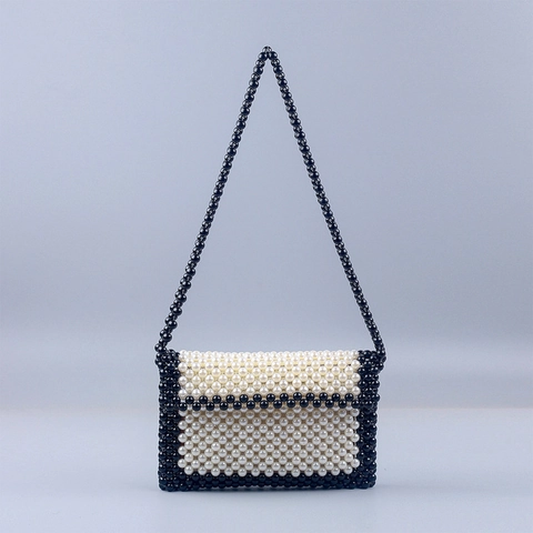 Handmade Beaded Crossbody Bag Women Faux Artificial Pearl Woven Contrast Color Envelope Flap Shoulder Purse Vintage Elegant Style