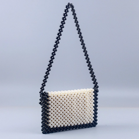 Handmade Beaded Crossbody Bag Women Faux Artificial Pearl Woven Contrast Color Envelope Flap Shoulder Purse Vintage Elegant Style