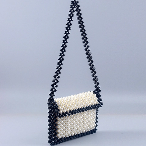 Bolso Bandolera De Cuentas Hecho A Mano Acrílico Perla Artificial Tejido Sobre Bolso De Hombro Color Contraste Vintage Elegante Mujer