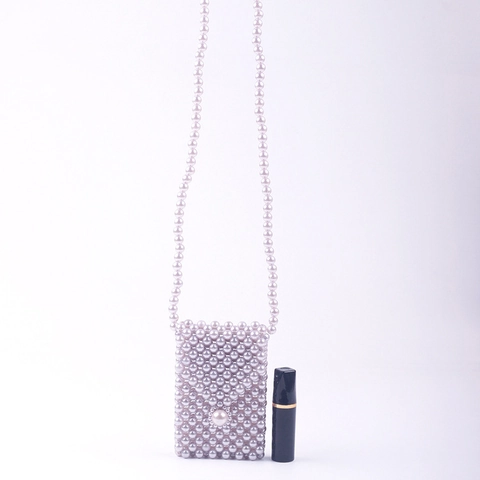 Handmade Faux Artificial Pearl Beaded Mini Crossbody Bag Elegant Flap Lipstick Pouch Accessory Purse For Women