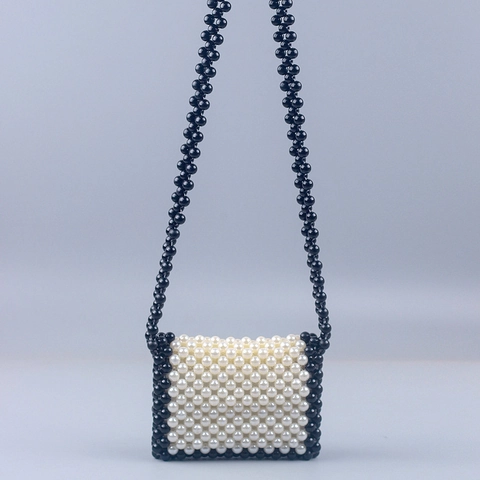 Mini Borsa A Tracolla Con Perline Fatta A Mano Elegante Künstliche Perle Sintetiche Intrecciate Contrasto Bianco E Nero Borsa Squadrata