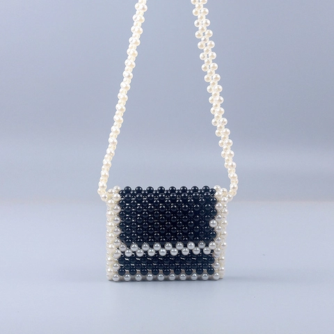 Handmade Woven Acrylic Faux Artificial Pearl Mini Crossbody Bag Contrast Color Small Square Shoulder Bag Elegant Accessory