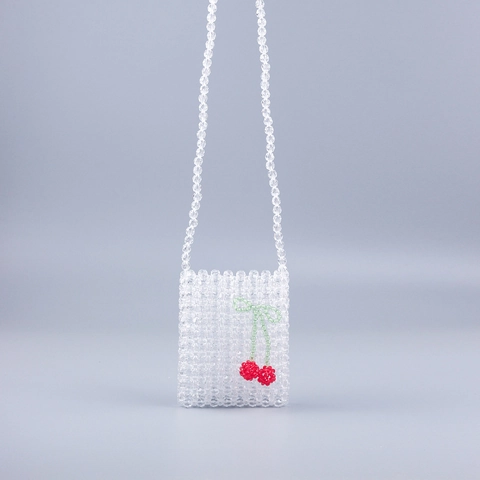 Women Hand-Woven Acrylic Beaded Crossbody Bag Transparent Cherry Pattern Mini Shoulder Pouch Fashionable Accessory