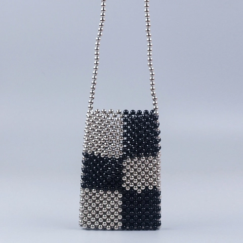 Handmade Woven Acrylic Bead Cell Phone Crossbody Bag Checkerboard Contrast Color Shoulder Bag For Women Fashionable